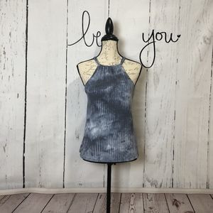 Blue Gray High Neck Back Tie, Tie Dye Top